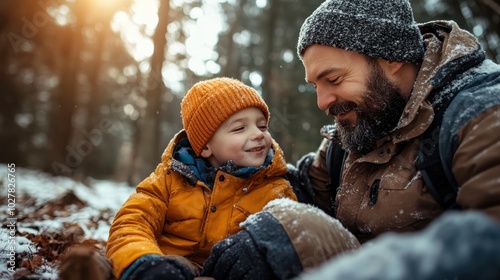 In a snowy forest, a father and son warmly share a moment, dressed in cozy clothing, enveloped by nature, reflecting connection, warmth, and fatherhood.