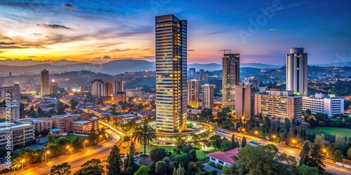 skyscraper, sunset,Kigali downtown, A stunning stock photo of a modern skyscraper towering over Kigali s downtown area nestled atop a picturesque hill during a breathtaking dusk photo