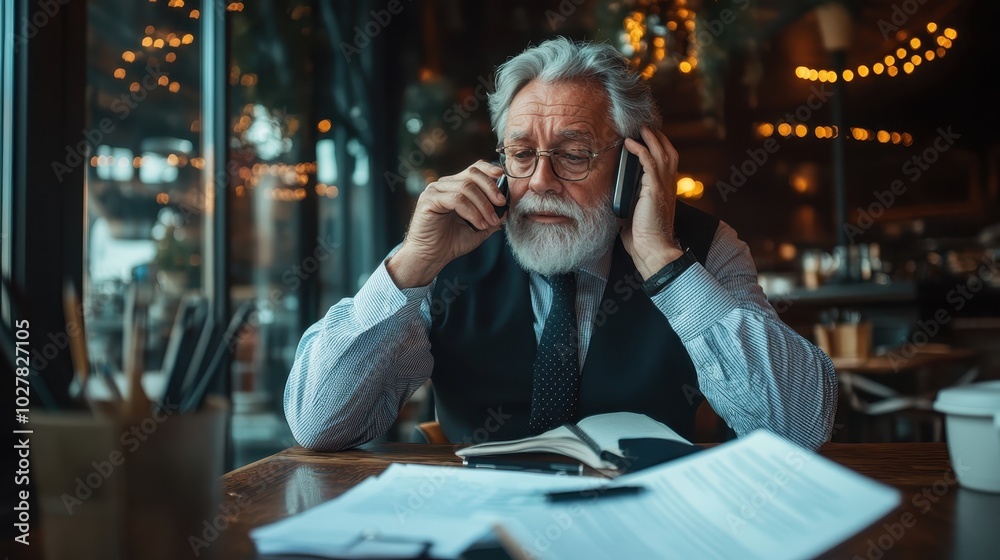 A senior man with a white beard, wearing glasses and business attire, is having a phone conversation while sitting in a cozy cafe environment with papers spread out. A senior man with a white beard, wearing glasses and business attire, is having a phone conversation while sitting in a cozy cafe environment with papers spread out.