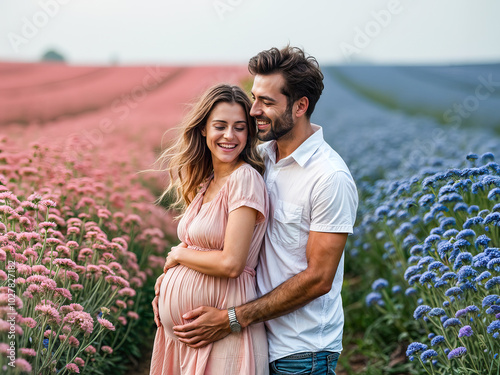 A man and a woman are waiting for a child in a field surrounded by pink and blue flowers. The woman is pregnant, and her belly is clearly visible.