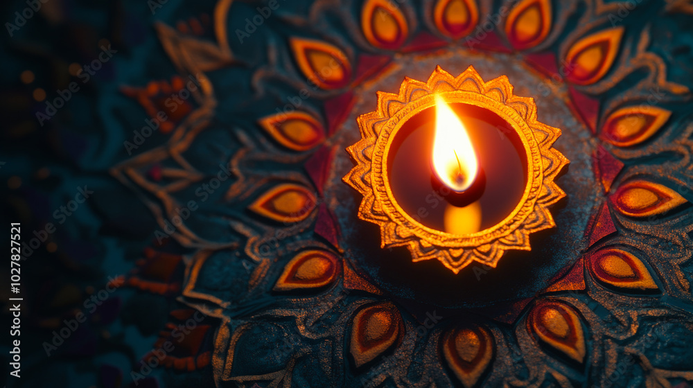 Diwali festive background with illuminated oil lamp Diya on colorful rangoli design Hindu festival of lights celebration India culture tradition decoration wallpaper greeting card invitation banner Diwali festive background with illuminated oil lamp Diya on colorful rangoli design Hindu festival of lights celebration India culture tradition decoration wallpaper greeting card invitation banner