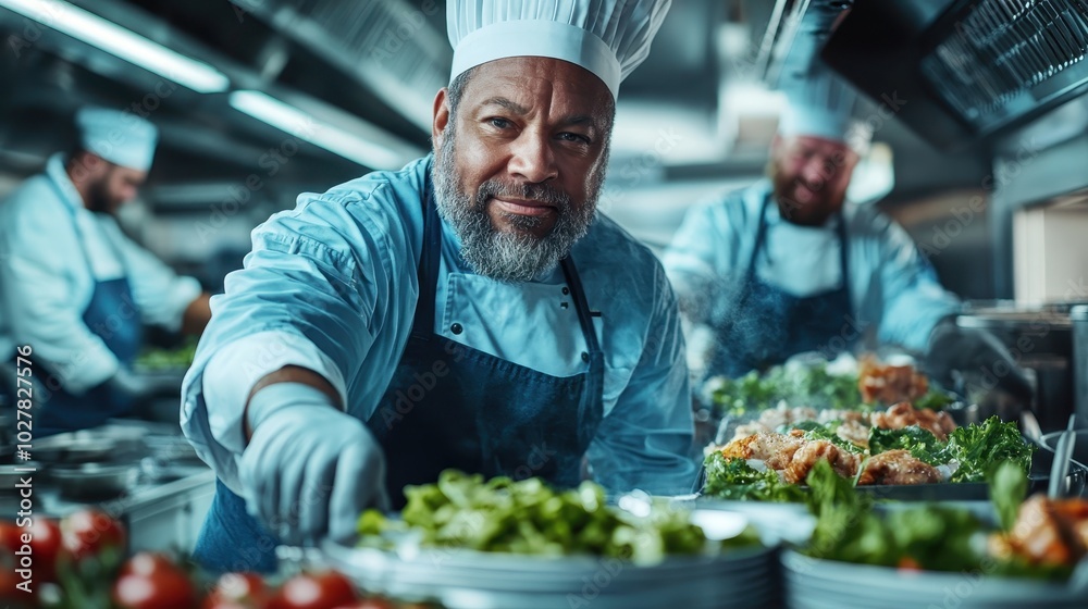 An experienced chef meticulously crafting a fresh salad in a modern, commercial kitchen, highlighting the art of culinary expertise and the beauty of fresh ingredients. An experienced chef meticulously crafting a fresh salad in a modern, commercial kitchen, highlighting the art of culinary expertise and the beauty of fresh ingredients.