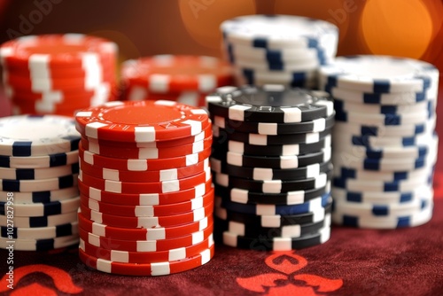 Jackpot, stack of colorful poker chips arranged on velvet casino table. vibrant reds, blacks, blues create sense of excitement and anticipation, high stakes of gambling in lively casino environment.