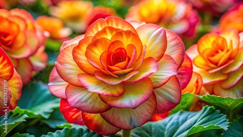 Depth of field of colorful semperflorens begonia flower blossom in flower garden Extreme Close Up, close-up, garden, foliage, floral,depth of field, extreme close-up, flower garden, macro photo