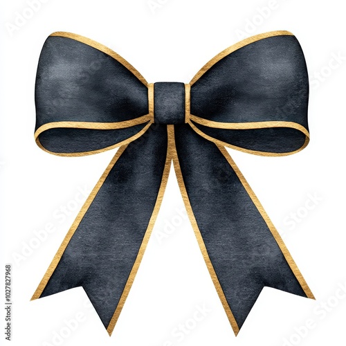 Black ribbon bow with gold edges on a white isolate background.