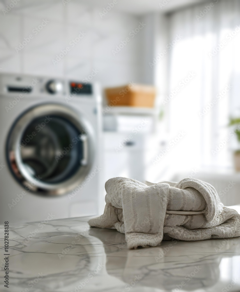 White marble tabletop with blurred background of a laundry room, backdrop for detergents products display