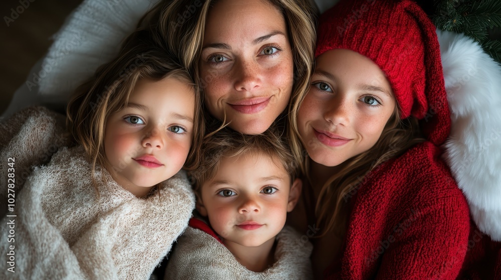 A joyful moment captured as a mother surrounded by her children in cozy blankets, each wrapped in warmth and happiness, symbolizing familial bonds and comfort. A joyful moment captured as a mother surrounded by her children in cozy blankets, each wrapped in warmth and happiness, symbolizing familial bonds and comfort.