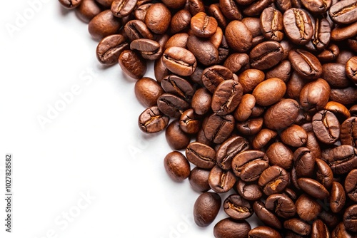 Extreme close-up of coffee beans isolated on white background