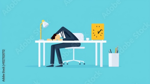 A tired businessman slumped over his desk, showcasing exhaustion and the pressures of modern work life.