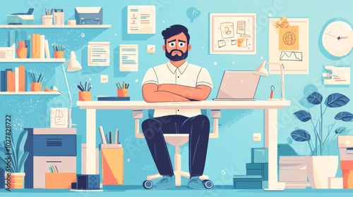 A frustrated man sits at a modern desk in a colorful home office, surrounded by plants and office supplies, illustrating work challenges.