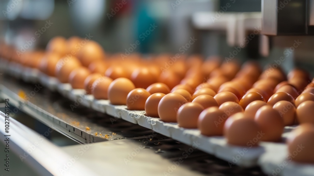 Agriculture industry: Close-up of chicken eggs in various stages of production and packaging