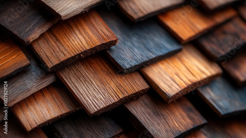 A close-up image of wooden shingles arranged in an overlapping pattern, showcasing their textured surfaces and natural, earthy colors and tones. photo