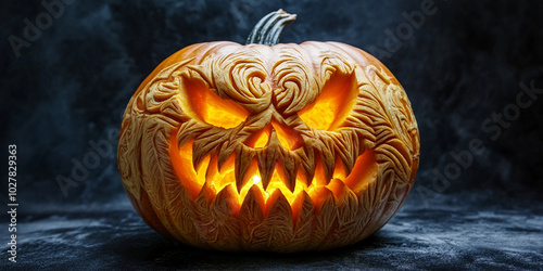 Realistic carved pumpkin with a glowing, intricate scary face. Perfect for Halloween decorations, spooky displays, and jack-o-lantern-themed content