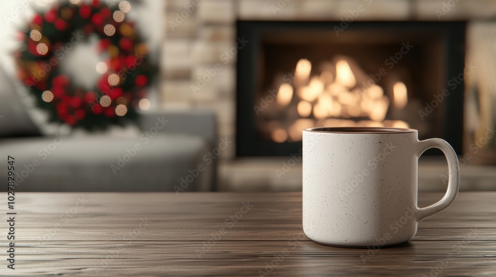 Cozy mug on wooden table with a fireplace and festive decor in the background. Cozy mug on wooden table with a fireplace and festive decor in the background.