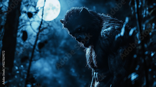 Realistic werewolf transformation under the full moon in a dark, eerie forest. Ideal for Halloween, supernatural themes, or werewolf fantasy content.