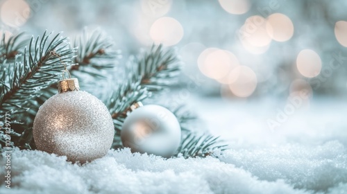 Snowy Christmas scene with festive decorations and baubles