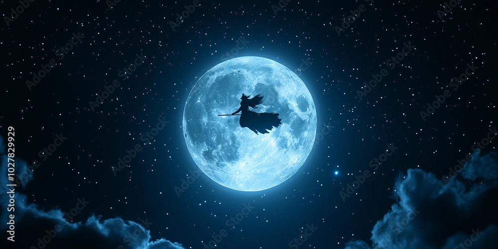 A witch flying across a glowing full moon on a broomstick in a starry night sky. Perfect for Halloween-themed content, magical events, or spooky night aesthetics A witch flying across a glowing full moon on a broomstick in a starry night sky. Perfect for Halloween-themed content, magical events, or spooky night aesthetics