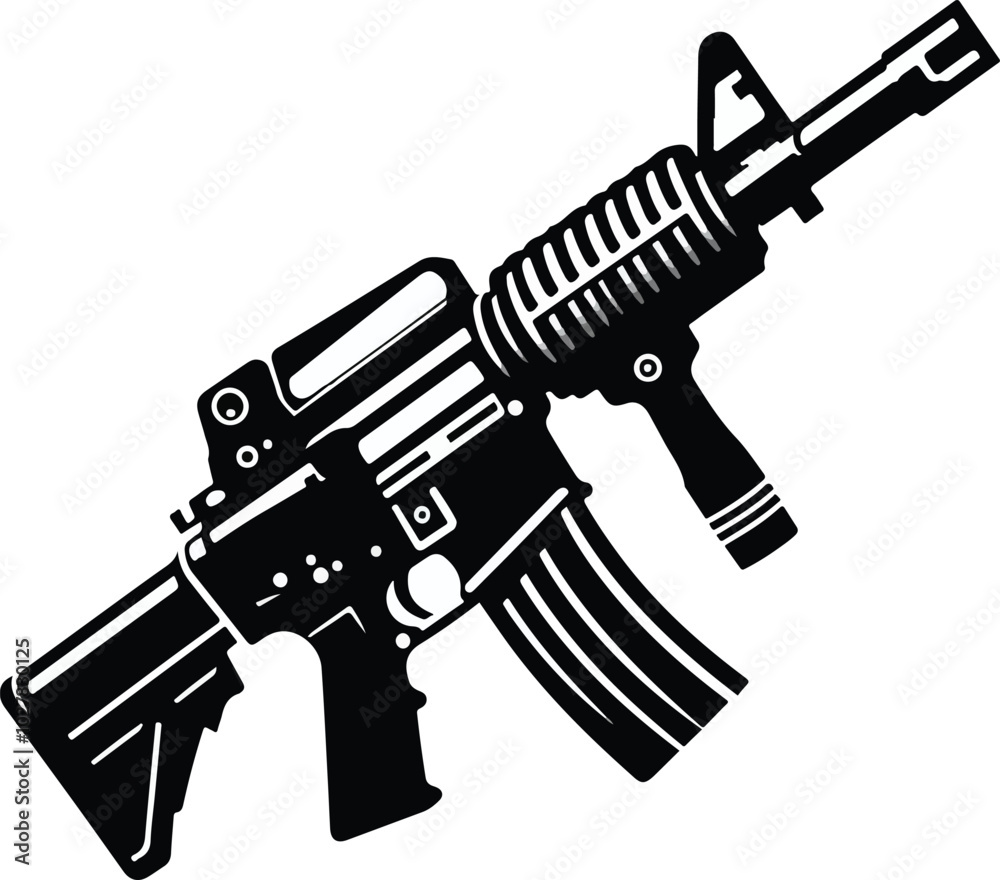 Graphic black detailed silhouette pistols, guns, rifles, submachines, revolvers and shotguns. Isolated on white background Graphic black detailed silhouette pistols, guns, rifles, submachines, revolvers and shotguns. Isolated on white background