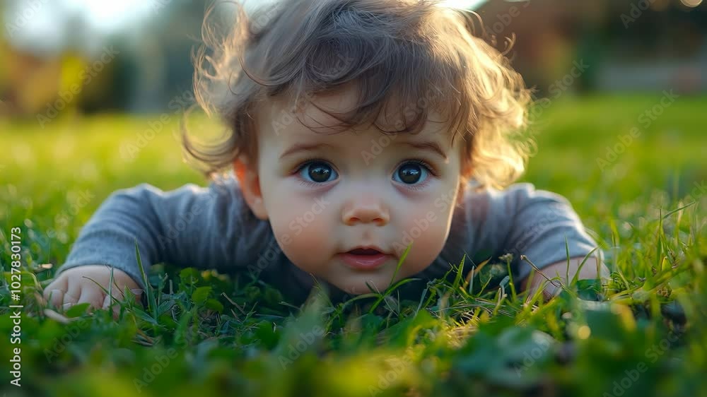 Closeup portrait of a baby girl with curly hair lying on her tummy in a grassy field. Closeup portrait of a baby girl with curly hair lying on her tummy in a grassy field.