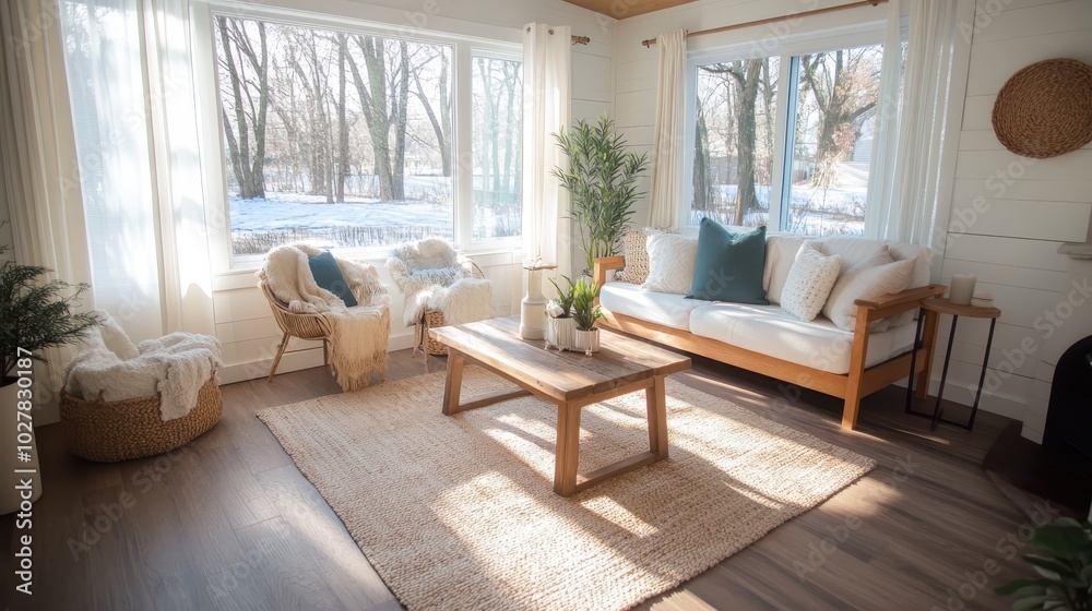 A sunny living room with large windows, light wooden furniture, a soft rug, and an abundance of plants, creating a refreshing and earthy indoor space with nature's touch.
