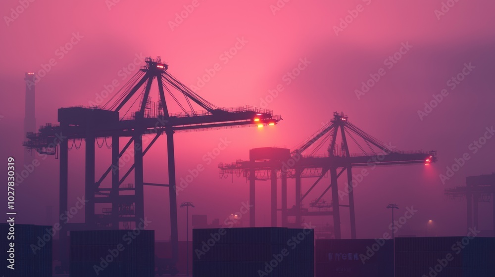 Obraz premium Cranes at a bustling port during sunset