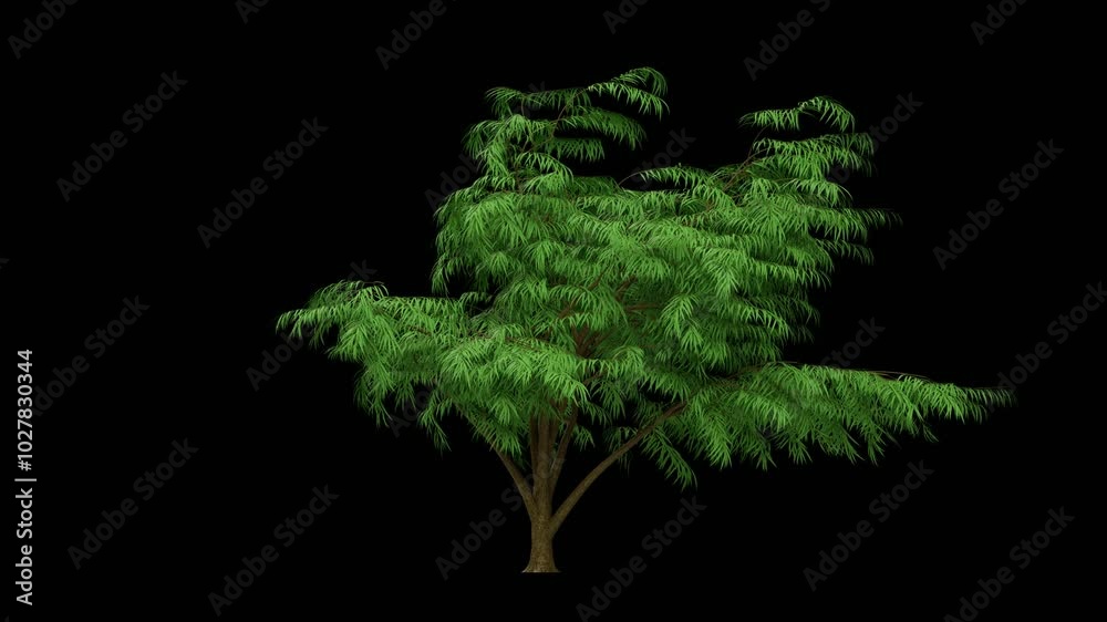 3d tree swaying to a strong wind during a storm