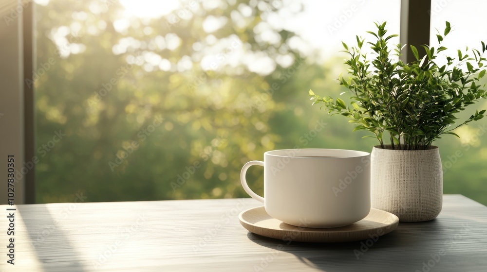 Cup and plant on wooden table, bright sunlight Cup and plant on wooden table, bright sunlight