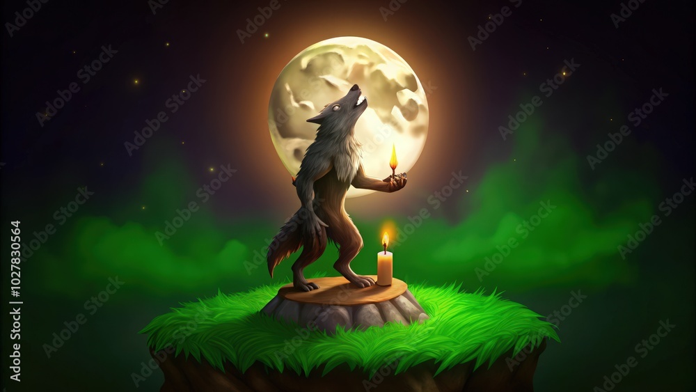 Obraz premium A Werewolf Howling at the Moon with a Lit Torch and Candle