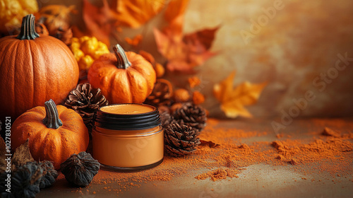 Autumn-themed pumpkin spice cosmetics displayed on a rustic table with fall leaves and pumpkins in the background. Perfect for Halloween skincare promotions, creams, or beauty products background
