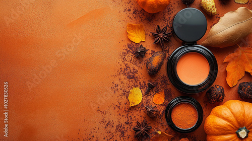Autumn-themed pumpkin spice cosmetics displayed on a rustic table with fall leaves and pumpkins in the background. Perfect for Halloween skincare  promotions, creams, or beauty products background