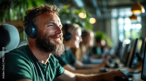 A contented man with headphones comfortably seated at his computer amid a bustling office workspace, conveying a sense of focus and satisfaction in his work environment.