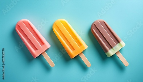 colorful ice cream popsicle on pastel blue background minimal summer concept flat lay