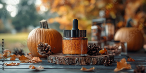 Autumn-themed pumpkin spice cosmetics displayed on a rustic table with fall leaves and pumpkins in the background. Perfect for Halloween skincare promotions, creams, or beauty products