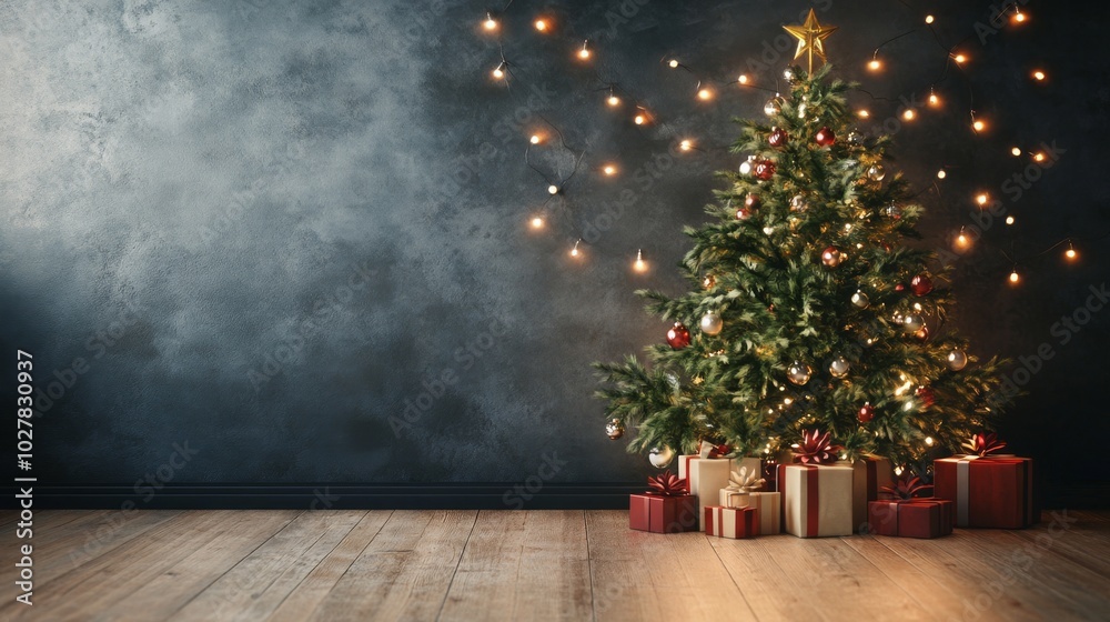Christmas background with a decorated tree and festive lights Christmas background with a decorated tree and festive lights