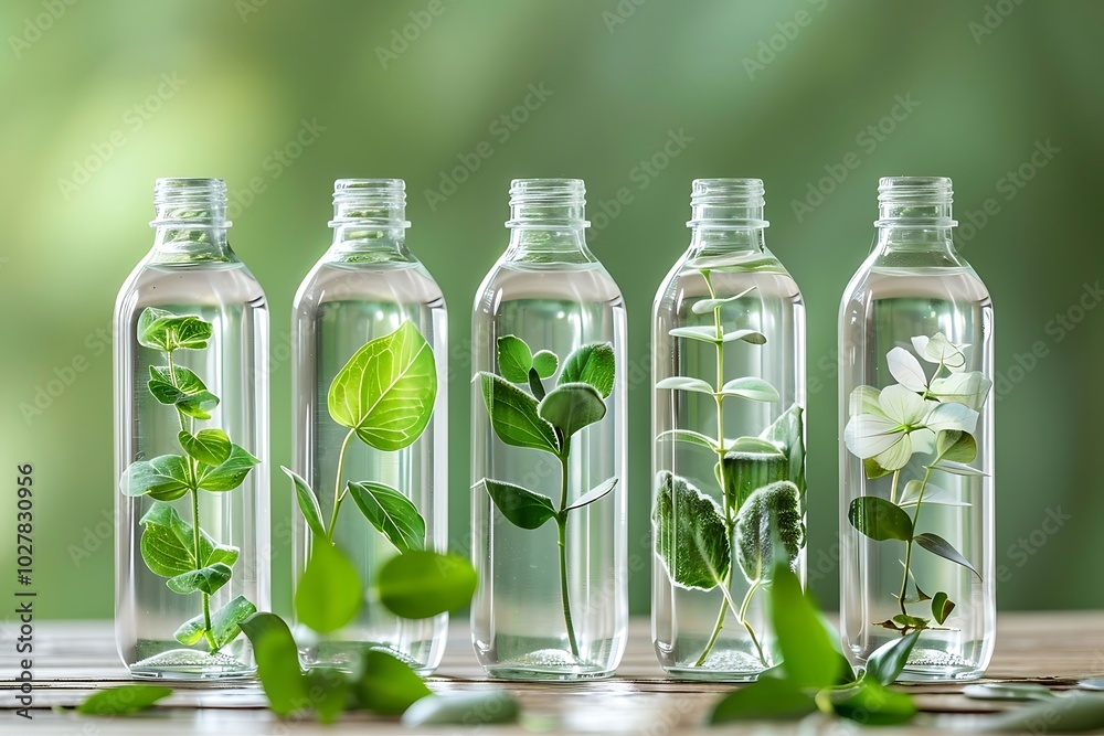 Eucalyptus leaves and water in glass bottles, stock photo Eucalyptus leaves and water in glass bottles, stock photo
