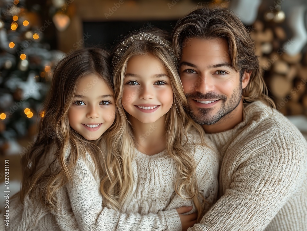 Single Dad with Two Daughters Posing Happily for Christmas, Family Celebration and Holiday Joy Single Dad with Two Daughters Posing Happily for Christmas, Family Celebration and Holiday Joy