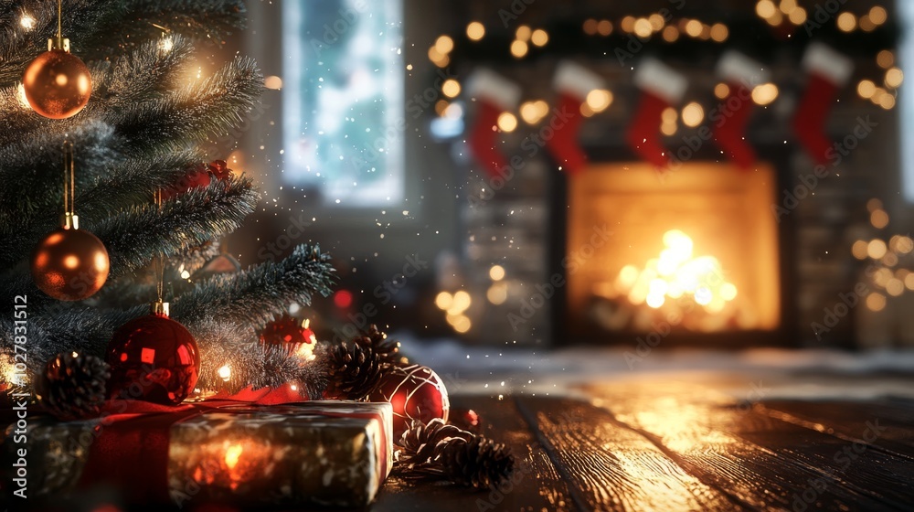 Christmas background with festive decorations and a glowing fireplace Christmas background with festive decorations and a glowing fireplace