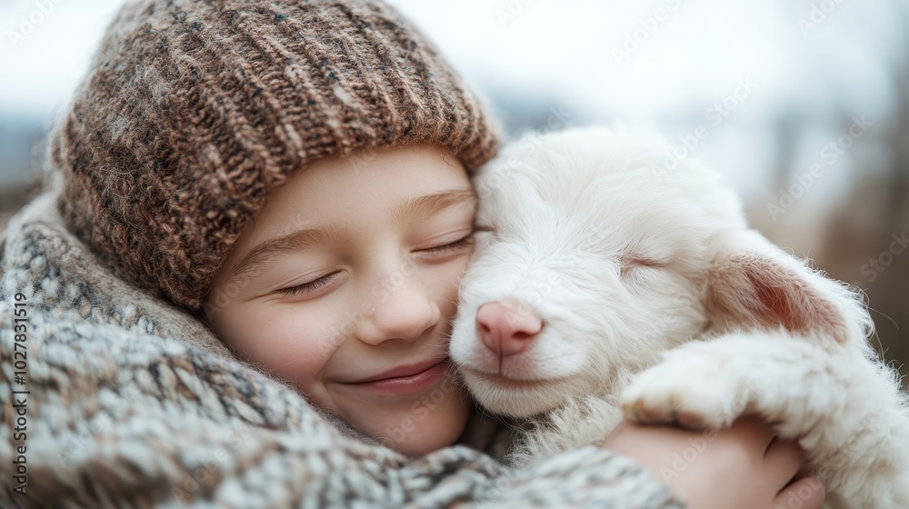 Obraz premium A child warmly embraces a fluffy lamb, showcasing a serene moment of innocence and tenderness in nature, highlighting the bond between humans and animals.