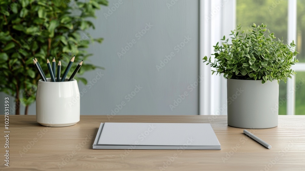 Desk setup with plants and stationery. Desk setup with plants and stationery.