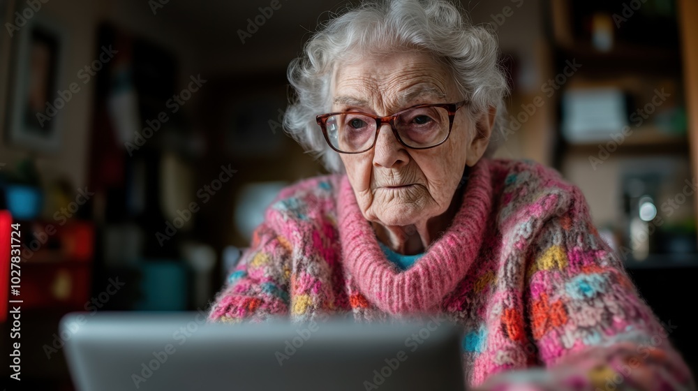 An elderly woman wearing glasses and a colorful knitted sweater is intently working on a laptop in a cozy room, reflecting concentration and technology use across ages. An elderly woman wearing glasses and a colorful knitted sweater is intently working on a laptop in a cozy room, reflecting concentration and technology use across ages.