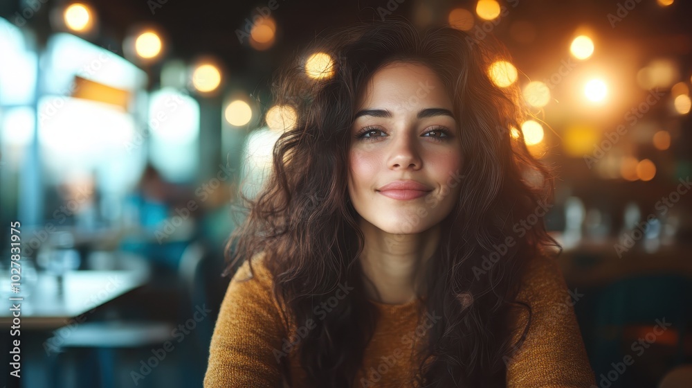 A young woman with curly hair and a warm smile is sitting in a cozy café, bathed in the soft glow of golden hour light, creating a welcoming and serene atmosphere. A young woman with curly hair and a warm smile is sitting in a cozy café, bathed in the soft glow of golden hour light, creating a welcoming and serene atmosphere.