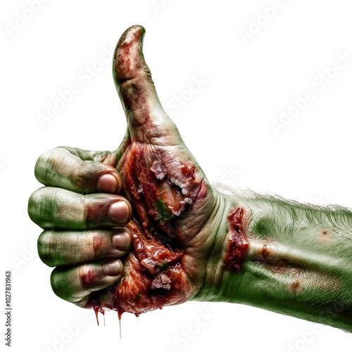 zombie hand making gesture of like or approval. Halloween hand, isolated white background. photo