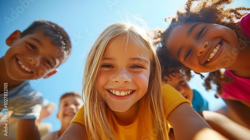 Multiethnic children with big smiles lean towards the camera from a low angle.