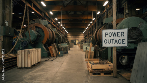 Industrial warehouse interior with machinery and a power outage sign.