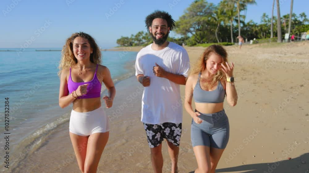 Three close friends, united by their passion for health, enjoy jogging on a beautiful Hawaii beach, surrounded by stunning ocean views and palm trees, enhancing their adventure and friendship Three close friends, united by their passion for health, enjoy jogging on a beautiful Hawaii beach, surrounded by stunning ocean views and palm trees, enhancing their adventure and friendship