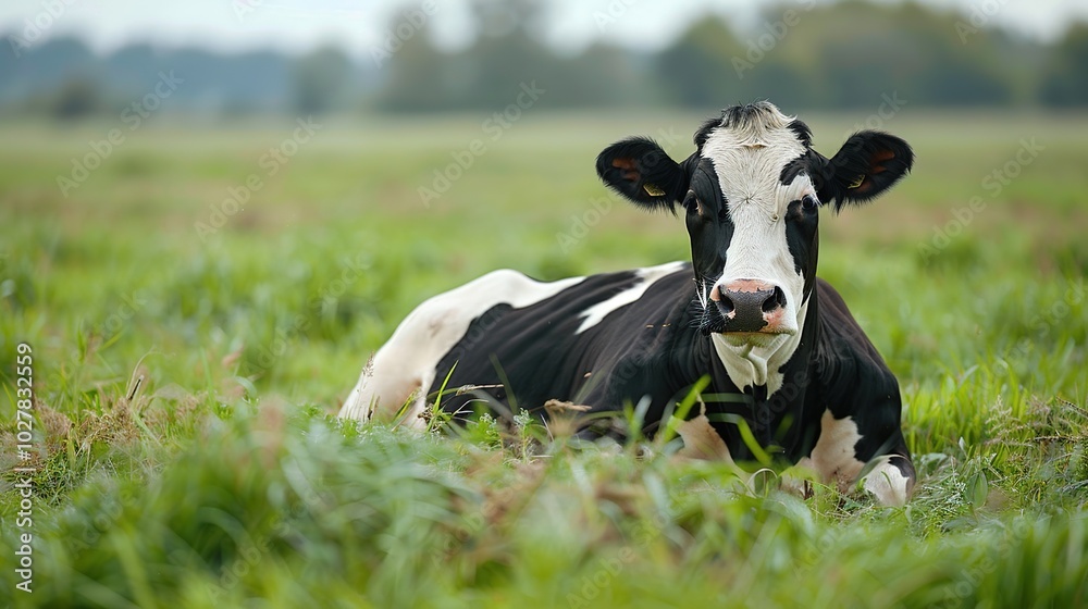 Black and White Cow Resting in Green Meadow Black and White Cow Resting in Green Meadow