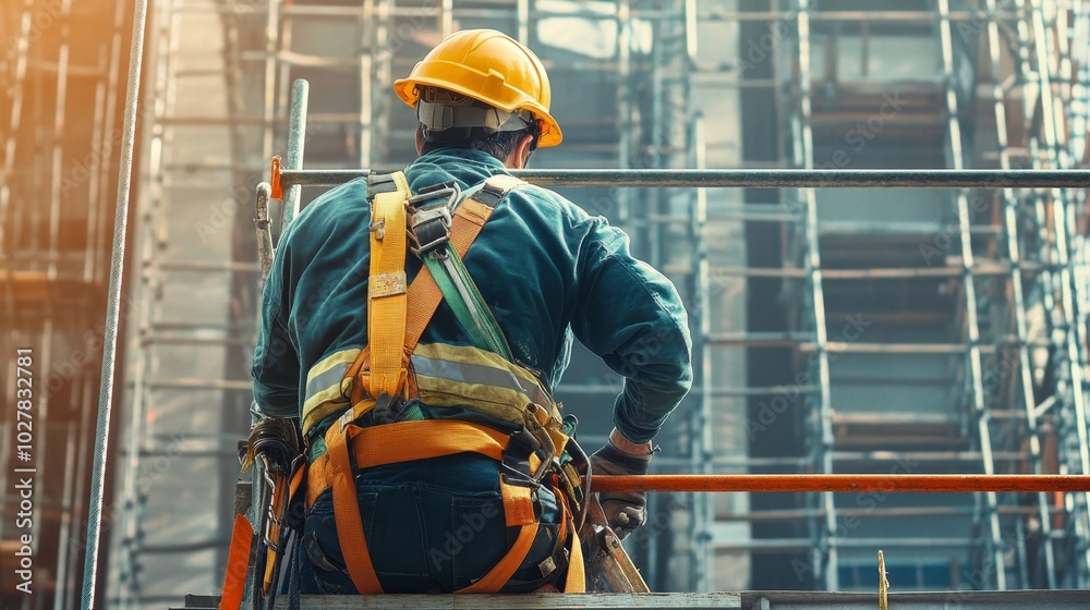 Fototapeta premium Close-up of a construction workers safety harness and helmet, working from a high scaffold with visible safety barriers