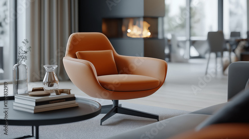 A beautifully designed living room features a modern orange chair, elegant decor, and a cozy atmosphere with a fireplace in view.