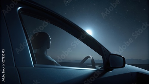 A lone driver looks out the window of their car at the night sky