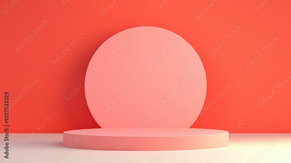 Pink circular podium on a bright coral background, ideal for product display. Pink circular podium on a bright coral background, ideal for product display.